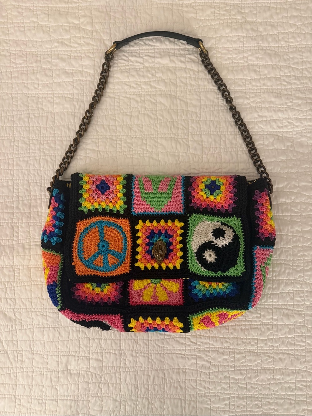 RARE Kurt Geiger London Large Crochet Kensington Retro Patchwork Peace and Love
